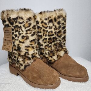 Bearpaw "Regina" Suede Leopard Faux-Fur Mid-High Boots Size 7 NWT